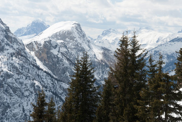 Fototapeta premium Dolomiti, Italy mountain valley view, forest, lake and winter snow ski