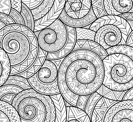 Black and white complex geometric pattern with spirals, lines, triangles in the style of a primitive tribe, vector