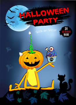 Invitation to a party Halloween pumpkin fun with Cake, card, poster, blue background.