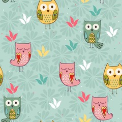 Obraz premium Cute floral seamless pattern with owls