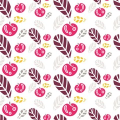 Background of colored leaves and apples. Beautiful retro seamless pattern. 