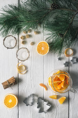 Set for orange grog preparation  on the white wooden table
