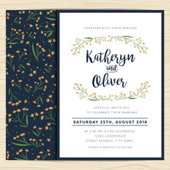 Fototapeta na wymiar Wedding invitation card with wreath flower template and floral background. Front and Back. Vector illustration.