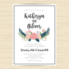 Wedding invitation card with hand drawn wreath flower template. Vector illustration.