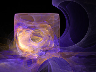 Fractal decorative illustration of glowing cube on the purple surface on a black background