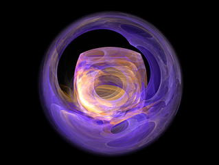 Fractal decorative illustration of glowing cube inside the sphere on a black background