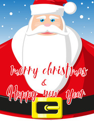 Merry Christmas and Happy New Year banner. Cute Santa Claus on blue sky background. Concept design poster, flyer or greeting card. Vector illustration in cartoon style