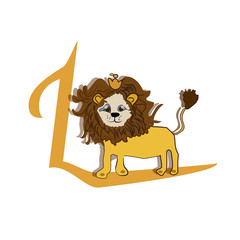 Cute zoo alphabet in vector.L letter. Funny cartoon lion.  design in a colorful style.