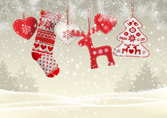 Red knitted christmas stocking with some scandinavian traditional decorations hanging on branches in front of simple winter landscape, illustration