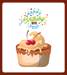 happy birthday celebration card with delicious cake vector illustration design