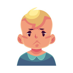 Little boy face, angry facial expression, cartoon vector illustrations isolated on white background. Blond male kid emoji face, feeling distressed, frustrated, sullen, upset. Angry face expression