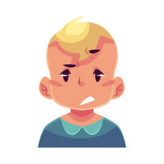 Little boy face, upset, confused facial expression, cartoon vector illustrations isolated on white background. Blond male kid emoji face, concerned, confused frustrated.