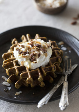 Spicy Pumpkin Waffles with Coconut Whipped Cream