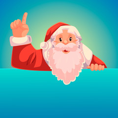Santa Claus pointing up with place for text below, cartoon style vector illustration on blue background. Half length portrait of Santa drawing attention to text below and pointing up