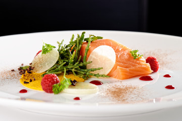 Haute cuisine appetizer, fresh salmon fillet with vegetable