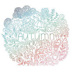 Fototapeta na wymiar Autumn seasonal postcard. Doodle fall card with word autumn, floral elements, rain cloud and drops, tree fall, branches and leaves, acorn, umbrella, mushrooms, curly lines. Vector illustration.