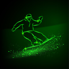 Fototapeta na wymiar Snowboarder riding fast down the mountainside. Green neon winter sports background.