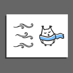 Greeting card with winter illustrations. Cute owl wear scarf. Childish doodle bird and stylized wind. Vector scetch