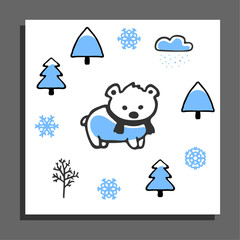 Fototapeta na wymiar Greeting card with bear in scarf and winter illustrations. Cute cartoon childish design. Doodle trees, cloud, snowflakes