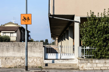 Road sign of child bus stop in the street during the day