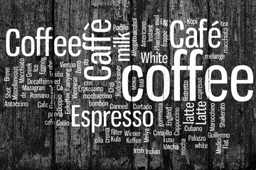 Coffee. All types of coffee, coffee drink. Conceptual word cloud