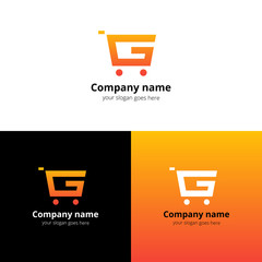 Shop Market Logo, icon. Vector abstract logotype with letter G and flat trend orange gradient color template for shopping discount or business company.