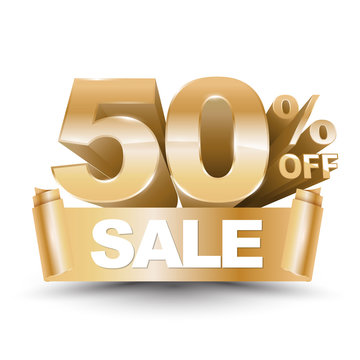 3d vector shiny gold discount 50 percent off and sale on gold ribbon. Vector illustration for promotion discount sale advertising.