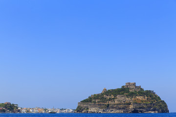 Aragonese castle in Ischia, a little island in the bay of Naples, air view