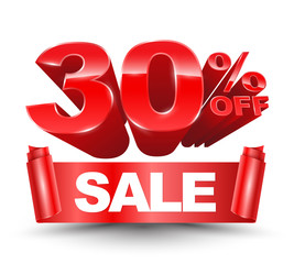 Vector 3d 30 percent off red with sale red ribbon on a white background for promotion discount sale advertising.