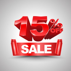 15 percent off sale red ribbon banner roll 3D style. Vector illustration for promotion advertising.