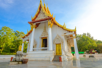Naklejka premium Beautiful of public ancient old white vihara hall Buddha in Trirattanaram temple ,Kanchaburi,Thailand.Photo taken on: October 14, 2016