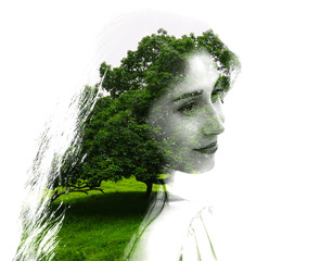 Double exposure of young beautiful girl isolated on white background