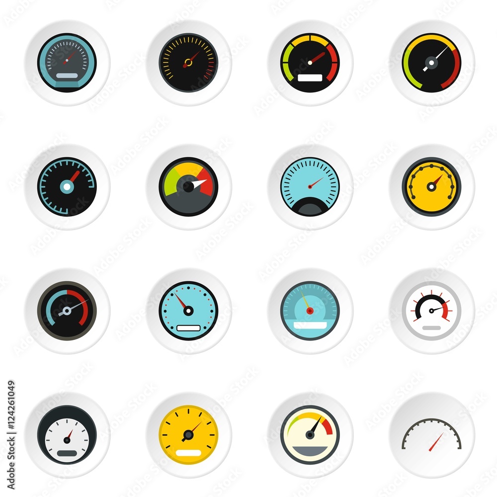 Poster speedometer icons set. flat illustration of 16 speedometer vector icons for web