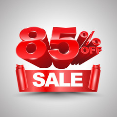 85 percent off sale red ribbon banner roll 3D style. Vector illustration for promotion advertising.