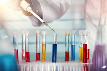 hands of a scientist pipetting in tubes test / researcher in experiment depositing of a sample in a...