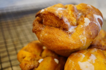 Pumpkin cinnamon rolls freshly baked in muffin tins