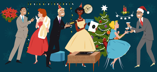 Retro styled vector illustration, group of people dressed in 1950s fashion, celebrating Christmas of New Year, EPS 8, no transparencies