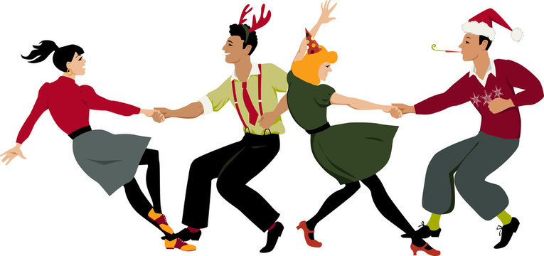 Christmas dance party. Two couples in holidays attire and party hats  dancing lindy hop or swing in formation, EPS 8 vector illustration