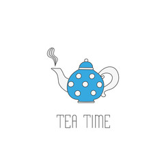 Polka dots teapot with tea on white background. Teatime text mes