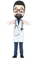 Fototapeta premium Doctor a cheerful on white background points on itself. 3d rende