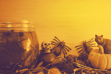 spooky halloween object on wood background dark vintage color