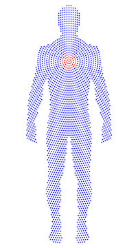 Upright silhouette of a body with radial dot pattern. Formed by blue dots beginning with red dots from the heart. Abstract illustration on white background.