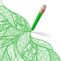 зеленый карандаш с резинкой на конце рисует узор из зеленых линий на белом фоне
