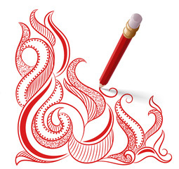 красный карандаш с резинкой на конце рисует узор из красных линий на белом фоне