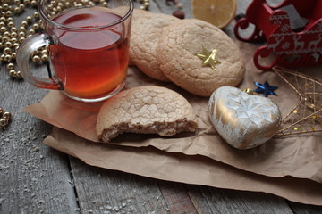 Christmas tea with cookies, Christmas toys and sweets