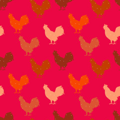 Naklejka na ściany i meble Seamless polka dot pattern with color silhouette rooster. New year. Vector background.