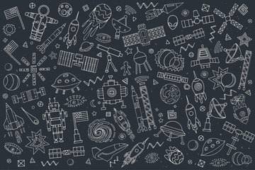 Vector abstract illustration of space. Solar system. Moon, astronaut, planet, rocket, earth, cosmonaut comet universe orbit Technology Hand drawn comic