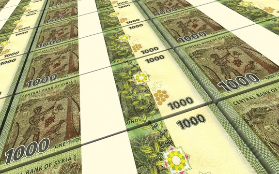 Syrian pounds bills stacks background. 3D illustration.