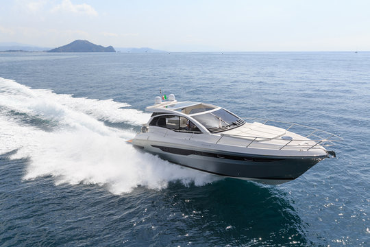 luxury motor boat, rio yachts italian shipyard, aerial view