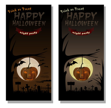 Halloween design. Happy Halloween. Full moon over cemetery. Jack o lantern. Trick or treat. Vector poster template